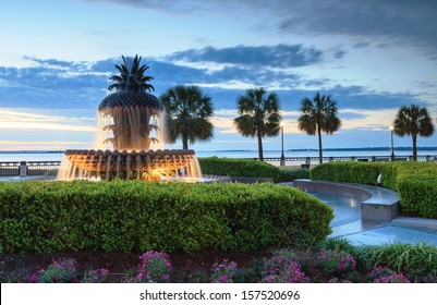Pineapple Foundation landscape illuminated in Waterfront Park, Charleston South Carolina 