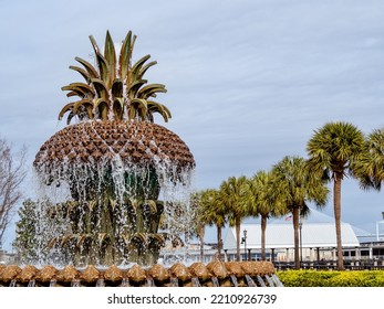 Pineapple Fountain And Palm Trees In Waterfront Park, Downtown Charleston, SC 