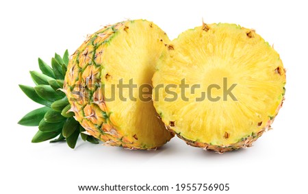 Pineapple half with leaves. Pineapple slices isolate on white. Pineapple ring. Full depth of field. Perfect not AI pineapple, true photo.