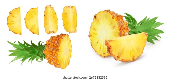 pineapple half with slice isolated on white background with full depth of field. Top view. Flat lay