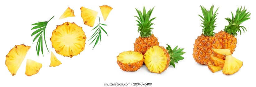 pineapple half and slices isolated on white background with full depth of field, Set or collection