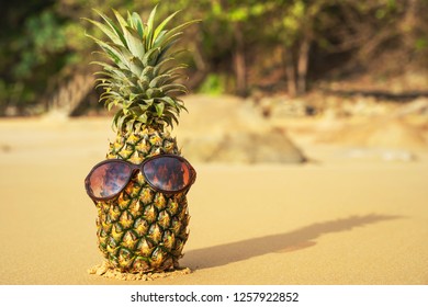 Pineapple Happy To Wear Glasses On The Beach,Background Is A Natural, Creative Tropical Style Background Made In Phuket,Thailand.