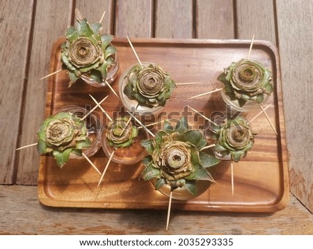 Similar – Image, Stock Photo Cut Pineapple Head on a Cork Background