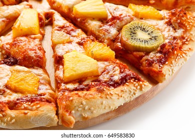 Pineapple And Kiwi Pizza On White Background