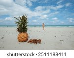 pineapple on white sand of cuba, atlantic ocean, crab on the seashore, christmas, new year on the beach, honeymoon on christmas, girl on the beach,