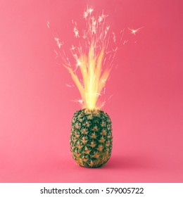 Pineapple With Party Cake Sparkles. Minimal Food Concept.