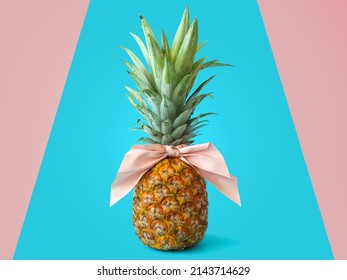 Pineapple With Pink Bow Against Pink And Blue Background. Minimal Fruit Design. Summer Advertisement Idea. 