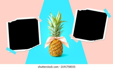 Pineapple With Pink Bow And Blank Black Photo Frames Against Pink And Blue Background. Minimal Fruit Design. Summer Advertisement Idea. Summer Photo Album.