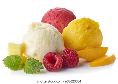 Pineapple, Raspberry And Mango Ice Cream Sorbet Balls Isolated On White Background