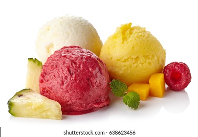 Pineapple, Raspberry And Mango Ice Cream Sorbet Balls Isolated On White Background