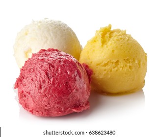 Pineapple, Raspberry And Mango Ice Cream Sorbet Balls Isolated On White Background