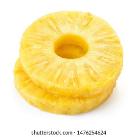 Pineapple rings. Canned pineapple slices. Pineapple isolated on white. Perfect not AI pineapple, true photo.