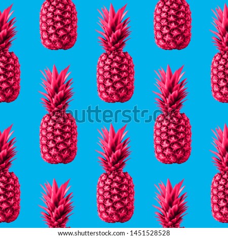 Pineapple seamless pattern Many natural pink pineapples on a bright light blue background Zine style