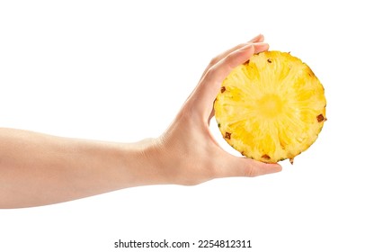 pineapple slice in hand path isolated on white