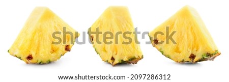 Pineapple slice isolated. Cut pineapples on white background. Fresh pineapple set. Full depth of field.