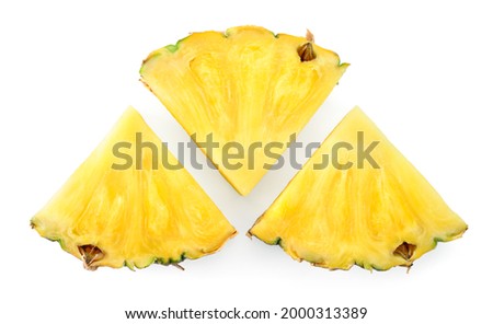 Pineapple slices isolate. Cut pineapples on white. Fresh pineapple set top viw. Full depth of field.