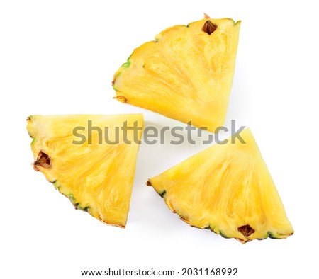Pineapple slices isolate. Cut pineapples on white. Fresh pineapple set top viw. Full depth of field. Perfect not AI pineapple, true photo.