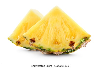 Pineapple Slices Isolated On White Background. Fresh Raw Triangle Chunks Of Fruit.