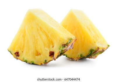 Pineapple. Slices Isolated On White Background. Fresh Raw Triangle Chunks Of Fruit. Full Depth Of Field.