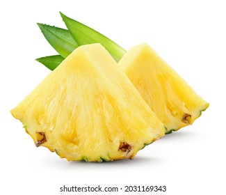 Pineapple slices with leaves. Cut pineapple isolated on white. Full depth of field.