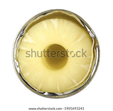 Pineapple slices in metal can, isolated on white background