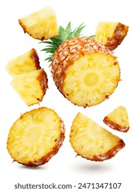 Pineapple slices and pineapple pieces levitating in air on white background. File contains clipping paths.