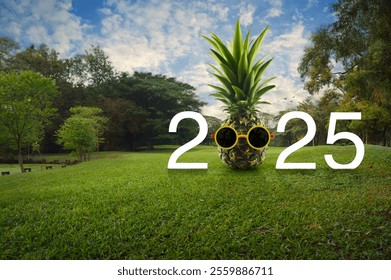 Pineapple with sunglasses and 2025 white text on green grass and trees in public park, Happy new year 2025 summer holiday concept - Powered by Shutterstock