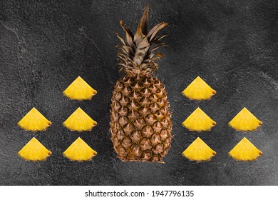 Pineapple Tropical Fruit On Dark Stone Background Background. Citrus Fruit With Vitamin C For Helth Care