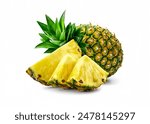 Pineapples are classified as pseudo- or aggregate fruits .Pieces of pineapple with leaves fly on a white background. Isolated