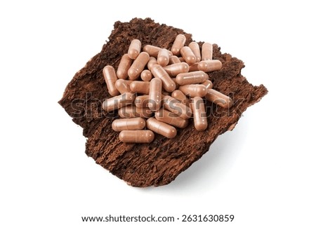 Pinebark capsules as supplement on pine bark  isolated on white background