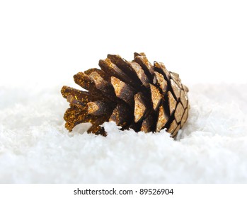 Pinecone In Snow Isolated On White Background