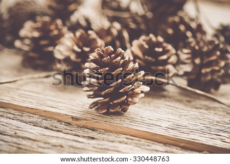 Pinecones on Rustic Wood Background