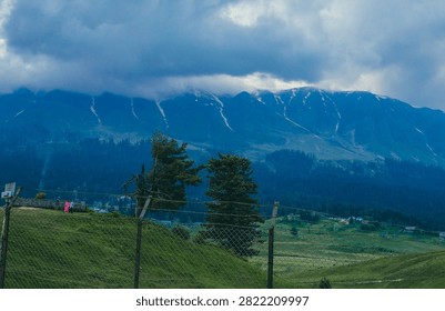 A pine-framed view of snow-capped mountain ridges under a partly cloudy sky, with forested slopes descending into a green valley below.