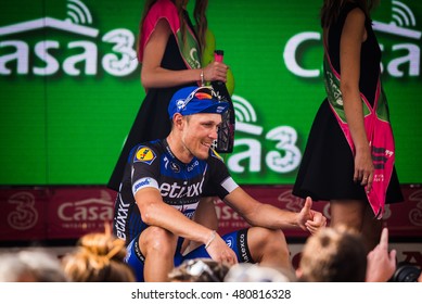 Pinerolo, Italy May 26, 2016; Matteo Trentin On The Podium After Winning The Stage Defeating Moreno Moser And Giunluca Brambilla In Pinerolo.