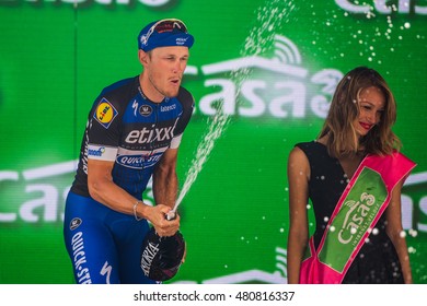 Pinerolo, Italy May 26, 2016; Matteo Trentin On The Podium After Winning The Stage Defeating Moreno Moser And Giunluca Brambilla In Pinerolo.