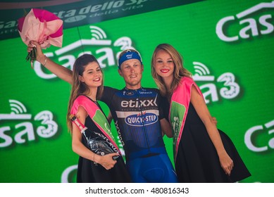 Pinerolo, Italy May 26, 2016; Matteo Trentin On The Podium After Winning The Stage Defeating Moreno Moser And Giunluca Brambilla In Pinerolo.