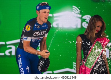 Pinerolo, Italy May 26, 2016; Matteo Trentin On The Podium After Winning The Stage Defeating Moreno Moser And Giunluca Brambilla In Pinerolo.