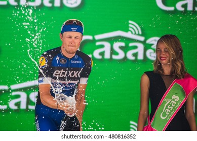 Pinerolo, Italy May 26, 2016; Matteo Trentin On The Podium After Winning The Stage Defeating Moreno Moser And Giunluca Brambilla In Pinerolo.