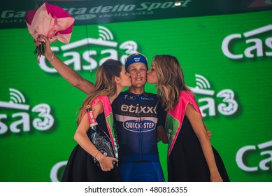 Pinerolo, Italy May 26, 2016; Matteo Trentin On The Podium After Winning The Stage Defeating Moreno Moser And Giunluca Brambilla In Pinerolo.