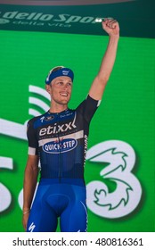 Pinerolo, Italy May 26, 2016; Matteo Trentin On The Podium After Winning The Stage Defeating Moreno Moser And Giunluca Brambilla In Pinerolo.