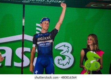 Pinerolo, Italy May 26, 2016; Matteo Trentin On The Podium After Winning The Stage Defeating Moreno Moser And Giunluca Brambilla In Pinerolo.