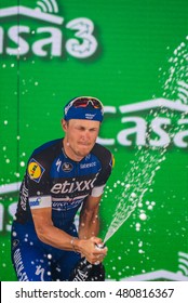 Pinerolo, Italy May 26, 2016; Matteo Trentin On The Podium After Winning The Stage Defeating Moreno Moser And Giunluca Brambilla In Pinerolo.