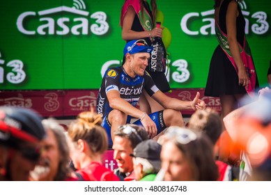 Pinerolo, Italy May 26, 2016; Matteo Trentin On The Podium After Winning The Stage Defeating Moreno Moser And Giunluca Brambilla In Pinerolo.