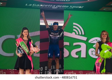 Pinerolo, Italy May 26, 2016; Matteo Trentin On The Podium After Winning The Stage Defeating Moreno Moser And Giunluca Brambilla In Pinerolo.