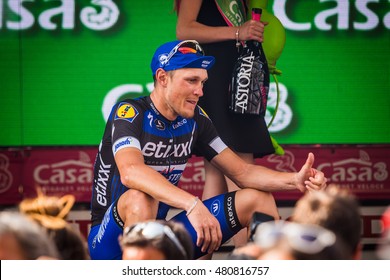 Pinerolo, Italy May 26, 2016; Matteo Trentin On The Podium After Winning The Stage Defeating Moreno Moser And Giunluca Brambilla In Pinerolo.