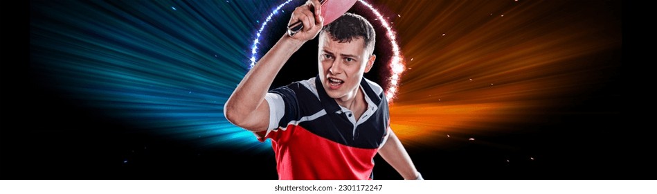 Ping pong. Table tennis. The player is active in attack. Image for sports website header design.