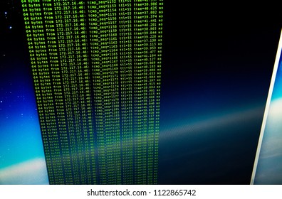 Ping of site using UNIX bash shell. Green code in command line interface. Blue space background - Powered by Shutterstock - Get 15% off with code: PIKWIZARD15