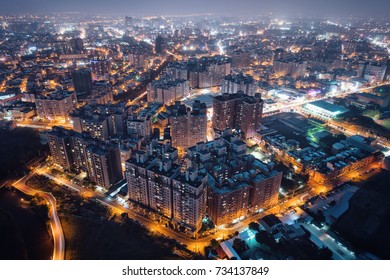 Pingzhen, Taoyuan Aerial Photography At Night - Panoramic Modern Cityscape Building Birds Eye View Use The Drone, Asia City Concept Image, Shot In Pingzhen District, Taoyuan, Taiwan.