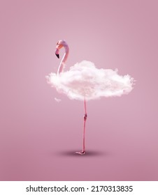 Pink African flamingo with body made of cloud - dreaming or diet concept image of an animal character, mixed media composition - Shutterstock ID 2170313835