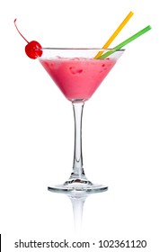 Pink Alcohol Cocktail In Martini Glass Isolated On White Background